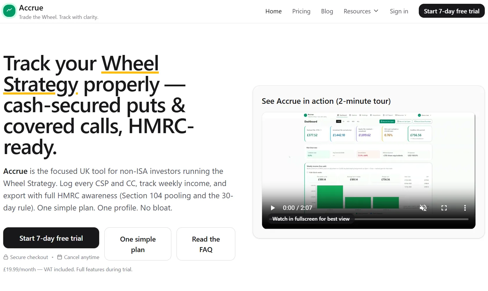 Accrue home page, showing the product summary and a dashboard preview